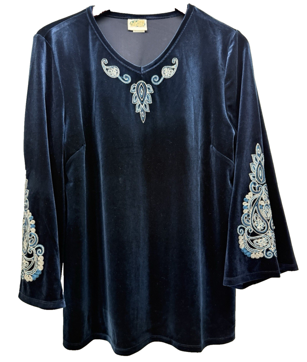 Vintage COLLECTIONS ETC Womens Large Royal Blue Velor Bell Sleeves V-neck Top